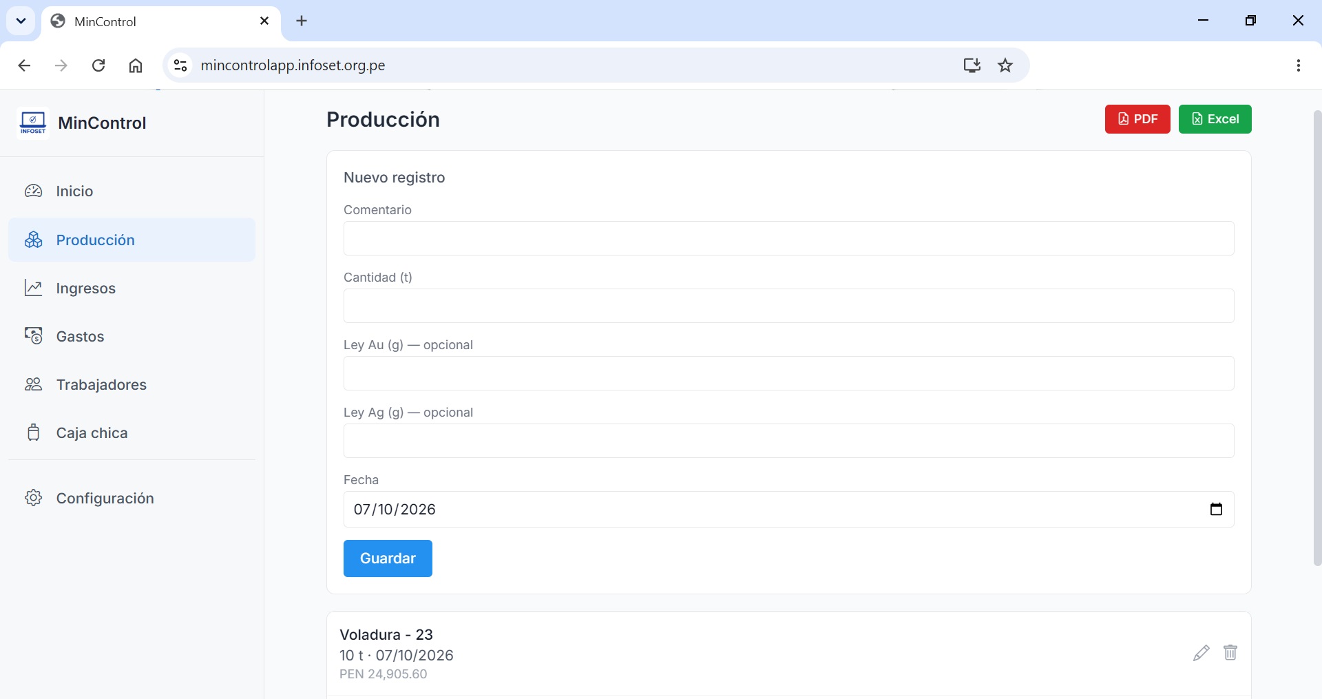 Producción en MinControl